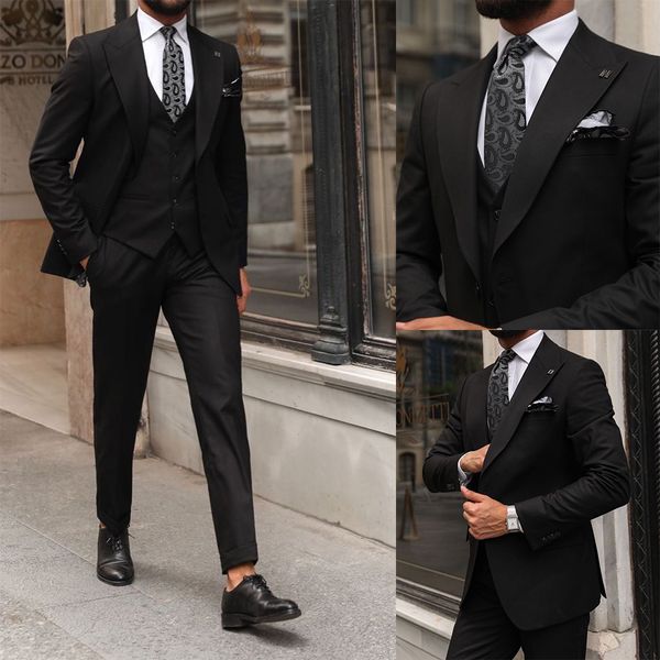 Üç Parçalı Siyah İş Tek Göğüslü Erkek Takım Elbise Slim Fit Damat Parti Ceket Özel İş Elbisesi