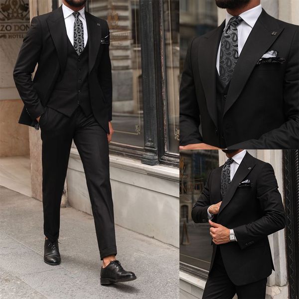 

three-pieces black business single breasted men suits slim fit groom party coat tailored work wear