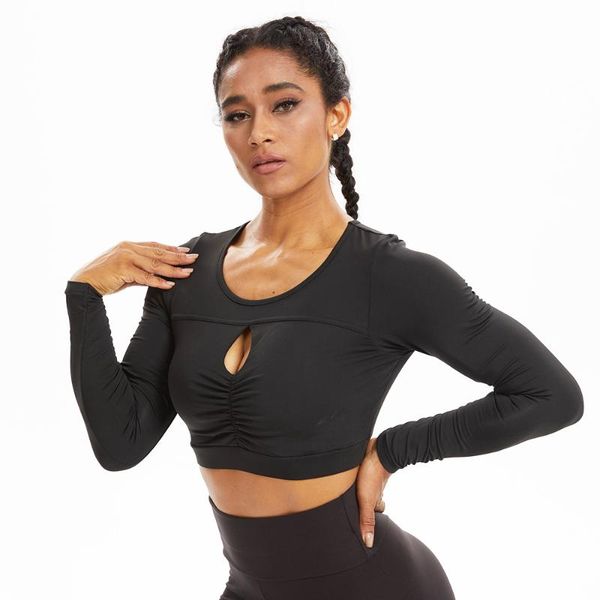 

yoga outfit women's hollow out shirts crop gym clothing long sleeve ruched breast stretchy workout fitness solid activewear