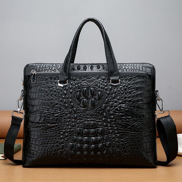 

Wholesale factory men leather shoulder bags horizontal large capacity computer bag classic embossed cowhide handbag European crocodile business briefcase, Black-8191