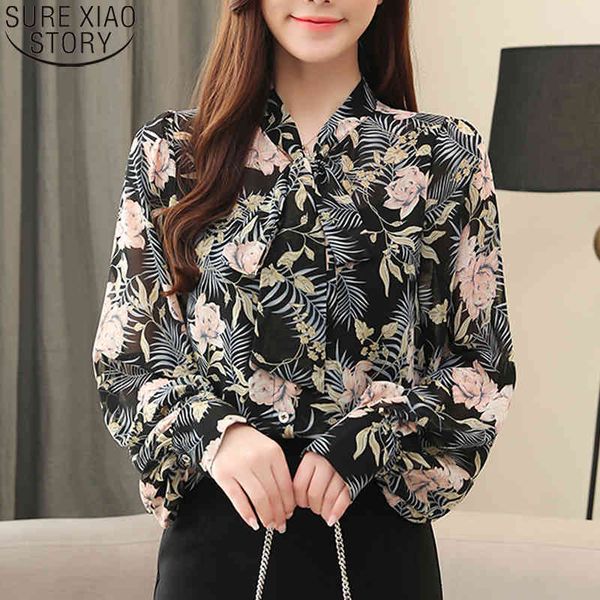 

elegant vintage floral print blouse women lantern long sleeve shirt korean office lady bow tie blusas cardigan 10675 210417, White