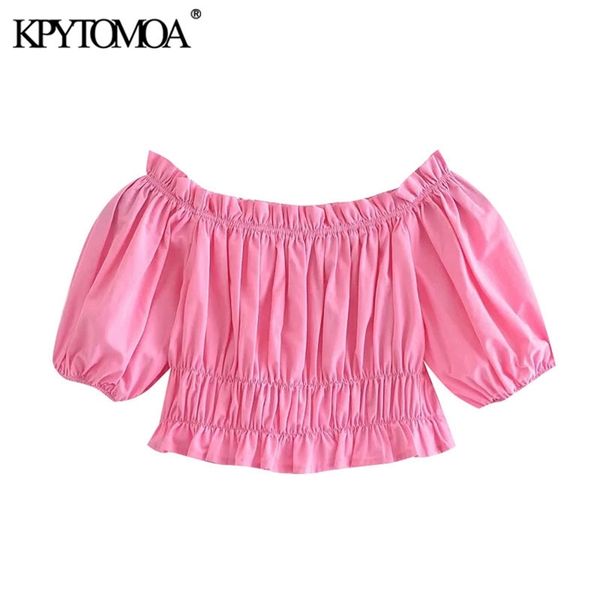 

women fashion with elastic trims cropped blouses vintage puff sleeve female shirts blusas chic 210421, White