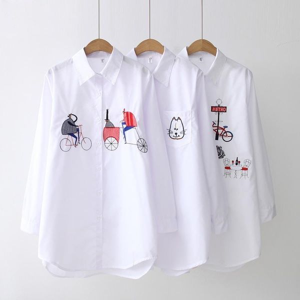

women's blouses & shirts temperament harajuku embroidered white shirt 2021 retro long sleeve mid-length female large size fashion cardi