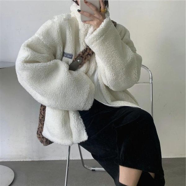 

women's down & parkas reversible winter jacket women fur plush windproof both sides wear ladies oversize coat white outwear jaqueta fem, Black