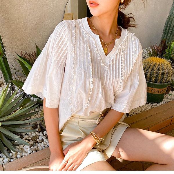 

women's blouses & shirts summer french shirt short sleeves v-neck women flared solid color loose elegant holiday beach white fashi