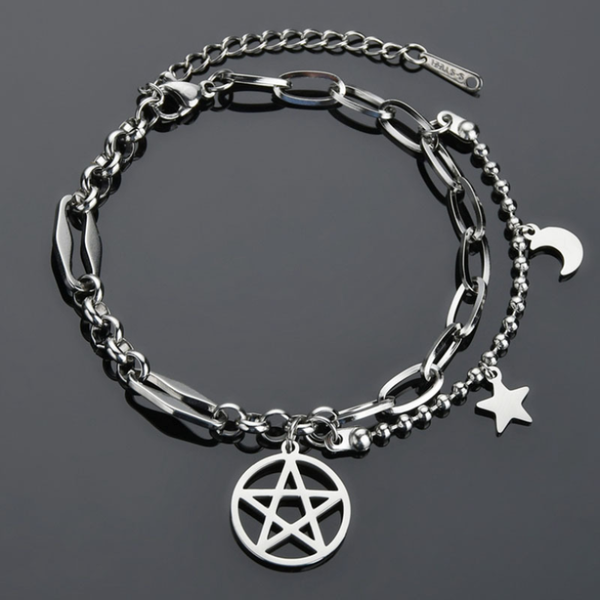 

link, chain 316l stainless steel 2021 fashion upscale jewelry do not fade 2 layer star moon beaded charm thick bracelets for women, Black