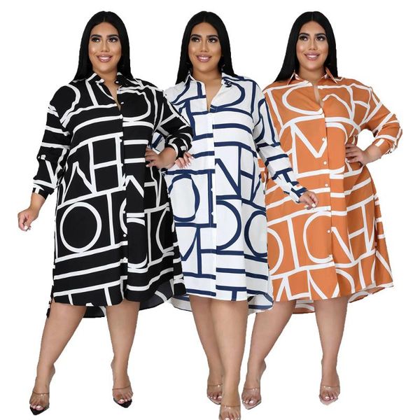 

casual dresses plus size women 2021 wholesale buttons long sleeve loose office lady fashion shirt midi drop, Black;gray