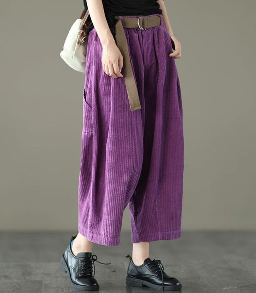

corduroy women pants wide leg solid color 2021 retro elastic waist casual loose ankle-length trousers women's & capris, Black;white