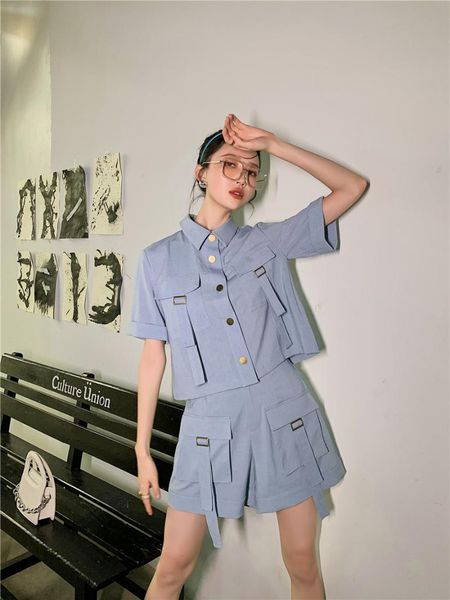 

women's tracksuits korean summer women high street single breasted vintage turn-down collar casual loose waist shorts two piece suit, Gray