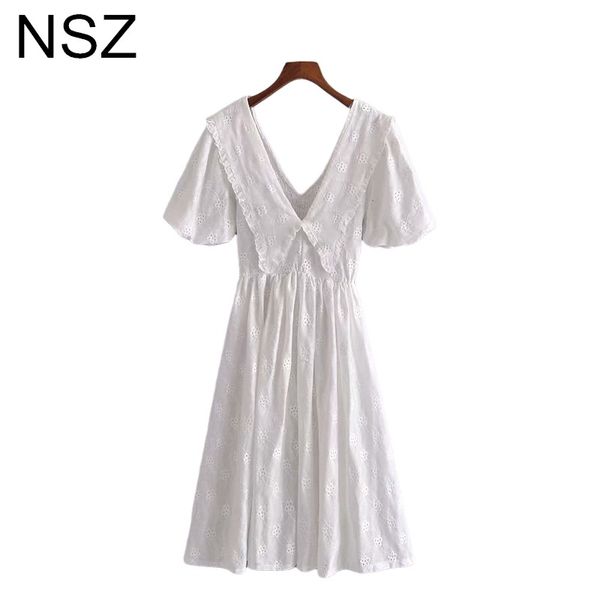 

NSZ Women Cutout White Embroidery Cotton Summer Dress Puff Sleeve Elastic Waist Hollow Out Midi Dress European 2021 Robe Femme, 28-1