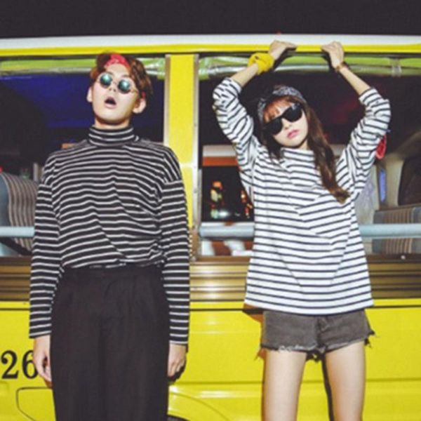 

women's t-shirt women long sleeve t-shirts casual tees woman 2021 spring korean harajuku striped turtleneck fashion t shirts, White