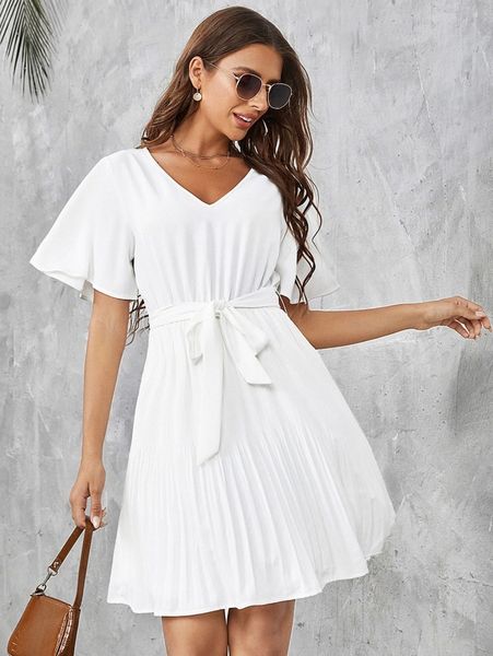 

v neck flutter sleeve belted dress w0hj#, Black;gray