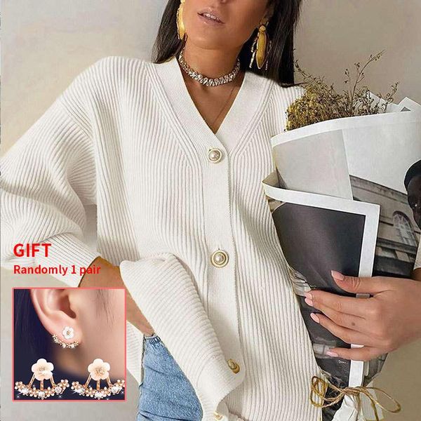 

women's knits & tees long sleeve coat loose knit cardigan knitwear ladies winter sweater v-neck sweatshirt 2021, White