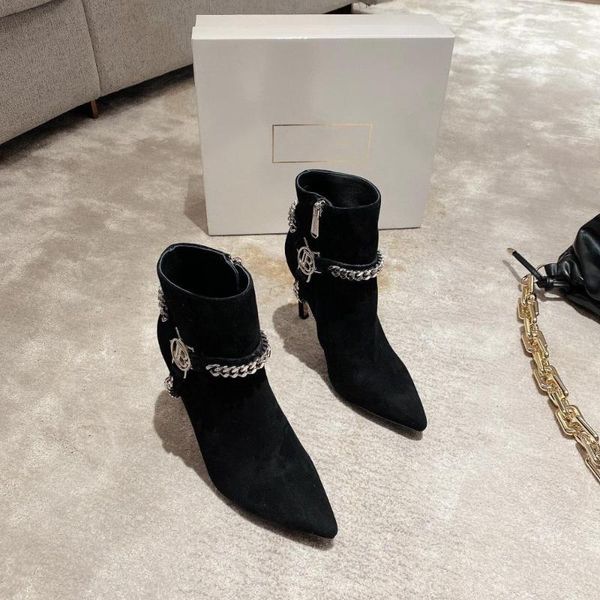 

boots shoes women winter mid calf kid suede genuine leather super high heels pointed toe zapatos de mujer, Black