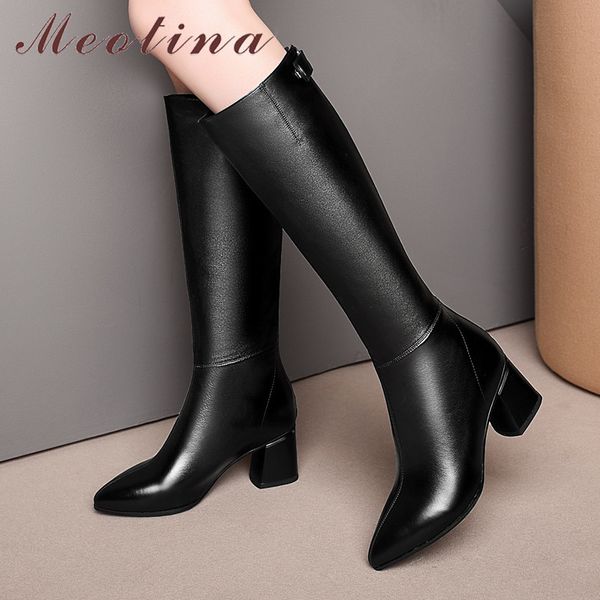 

winter knee high boots women natural genuine leather thick heel long zipper pointed toe shoes lady fall 33-43 210517, Black