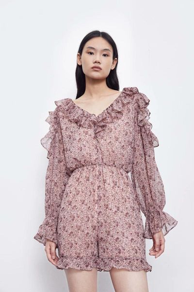 

women's jumpsuits & rompers 2021 summer ruffles floral chiffon zaraing vadiming sheining women jumpsuit drop overalls clothing bgb2426, Black;white