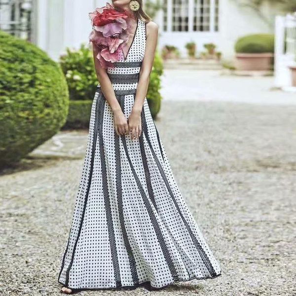 

casual dresses est fashion 2021 runway dress women's v-neck sleeveless lace embellished polka dot long, Black;gray