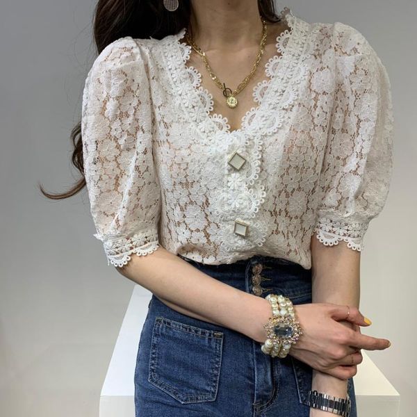 

women's blouses & shirts women elegant hollow out lace 2021 summer korean style v-neck shirt puff sleeve blusas, White