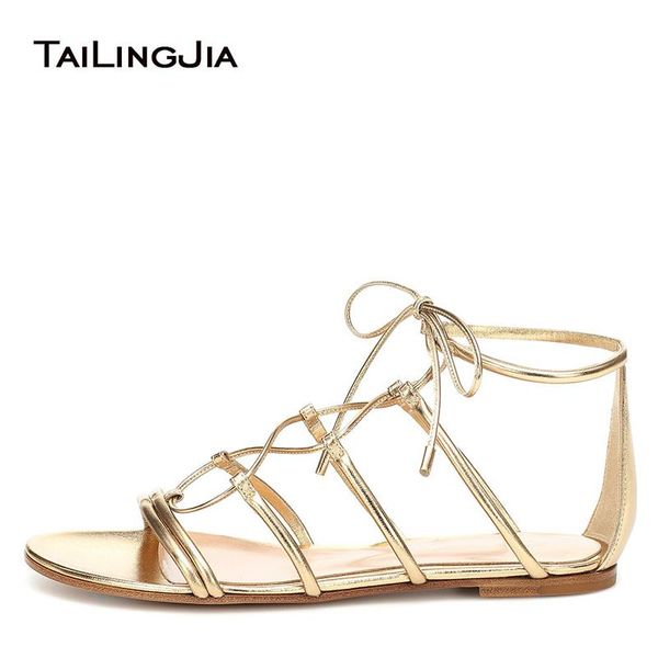 

gold flat gladiator sandals woman strappy lace up flats women large size roman sandal ladies summer beach dress shoes, Black