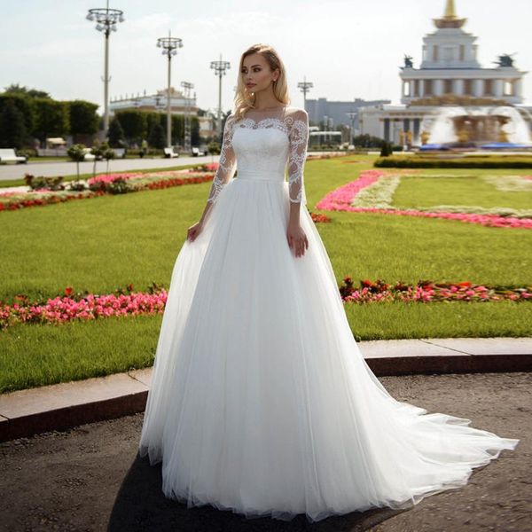 

other wedding dresses arabic luxurious lace 2021 sheer neck 3/4 long sleeves bridal vintage gowns, White