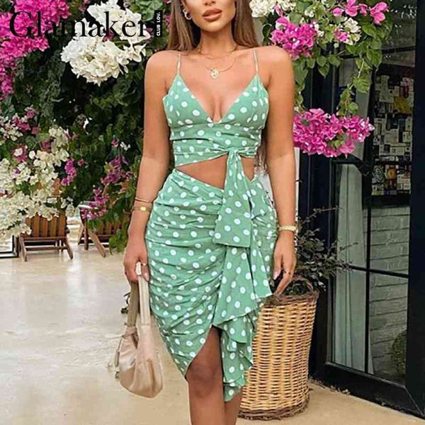 

glamaker v neck bandage 2 piece sets dress holiday dot printed green and skirts sleeveless summer beach female suits 210414, Black;gray