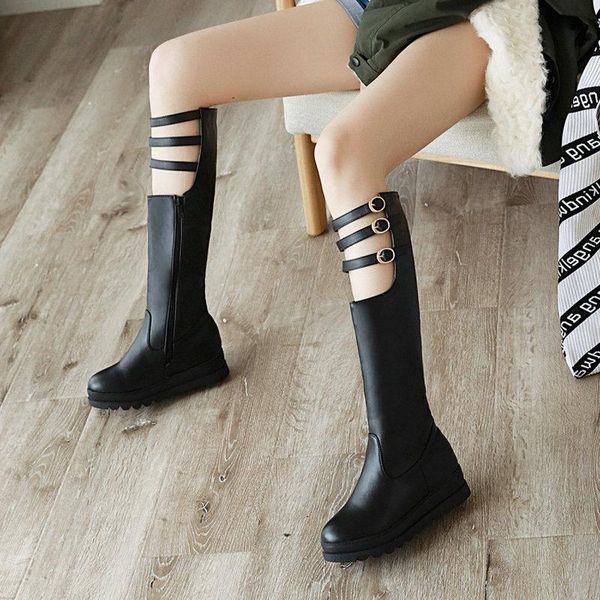 

boots spring autumn ladies knee high fashion belt buckle zipper women's shoes winter pu comfortable wedge heel large size, Black