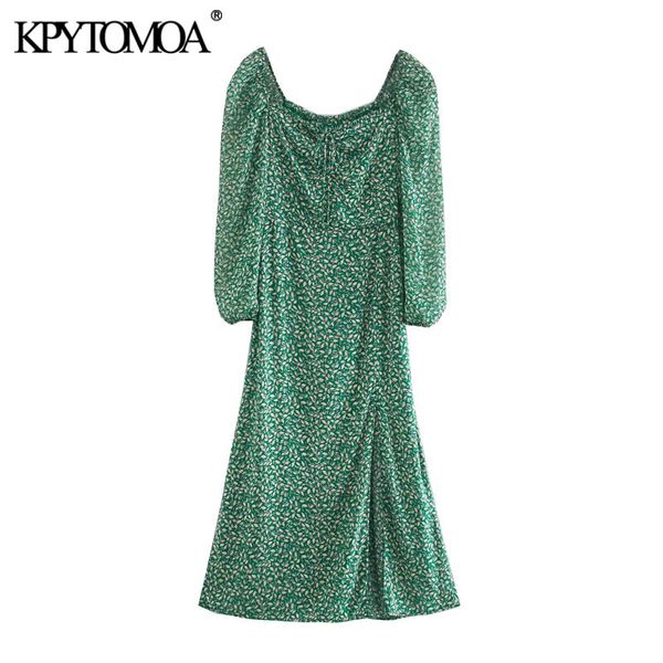

women chic fashion floral print side slit midi dress vintage tied v neck lantern sleeve female dresses vestidos 210416, Black;gray