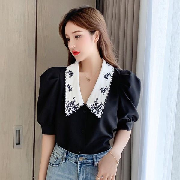 

women's blouses & shirts cotton shirt korean fashion clothing summer embroidered doll collar half sleeve short chiffon 756e1 n7ti, White