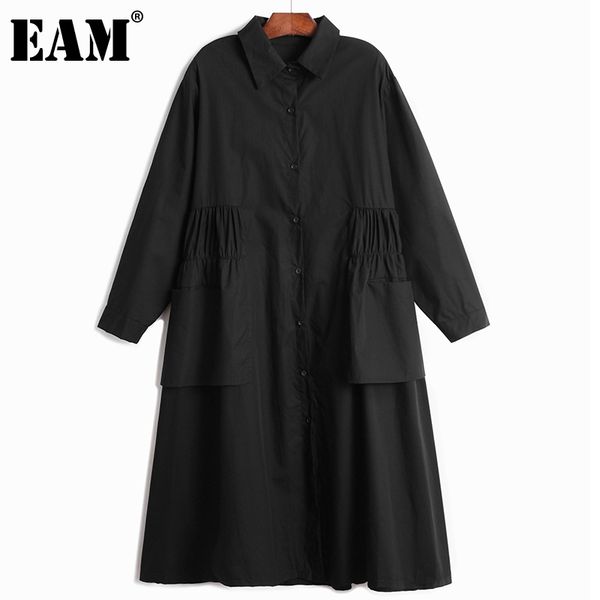 

[eam] women black big size pleated pockets shirt dress lapel long sleeve loose fit fashion spring summer 1dd8219 210512, Black;gray