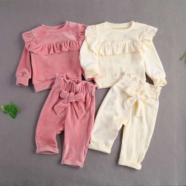 Conjuntos de vestuário 0-12 Meses Criança bebê meninas lisas de veludo sets, redondo pescoço plissado guarnição de cintura elástica bowknot calça roupas