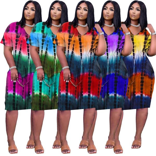 

summer women dresses plus size 3xl one-piece dress casual tie dye knee-length bodycon skirt short sleeve v-neck skirts dhl ship 4881, Black;gray