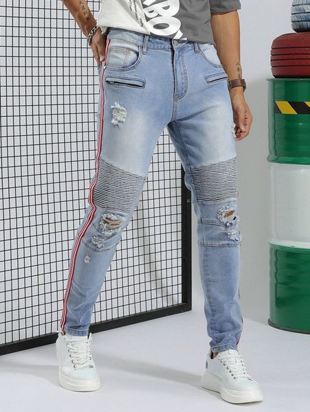 

men striped tape side pleated detail skinny jeans j2at#, Blue