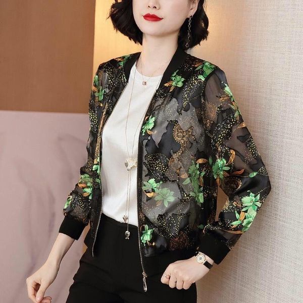 

thin see through summer cover ups fashion long sleeve floral print zipper jacket casual autumn outwear coat women's jackets, Black;brown