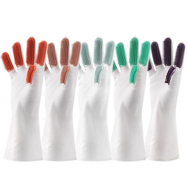 

gloves multifunctional finger brush kitchen housework waterproof pet hair cleaning laundry rubber dishwashing, Blue;gray
