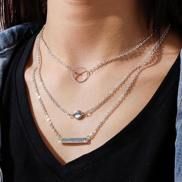 

chains jewelry smooth circle strip geometry ladies necklace metallic multilayer chain street shooting wholesale., Silver