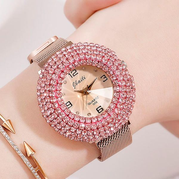 

wristwatches luxury rhinestone women watch big diamond full crystal ladies steel bracelet wrist watches rose gold magnet strap female clock, Slivery;brown
