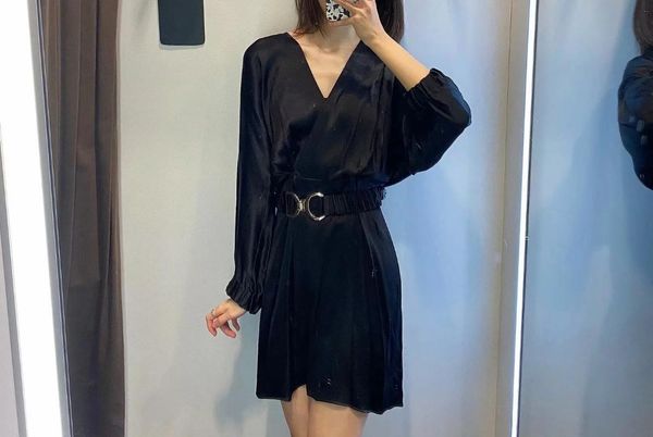 

european and american women's autumn winter pure color long sleeve belt satin textured dress casual dresses, Black;gray