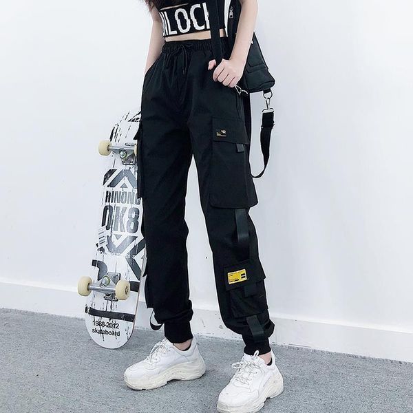 

streetwear cargo harajuku womens pants 100% cotton bf loose big pocket hearm high waist female trousers, Black;white