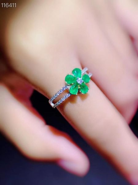 

cluster rings natural emerald ring 925 silver women's fresh and lovely design style gift choice, Golden;silver