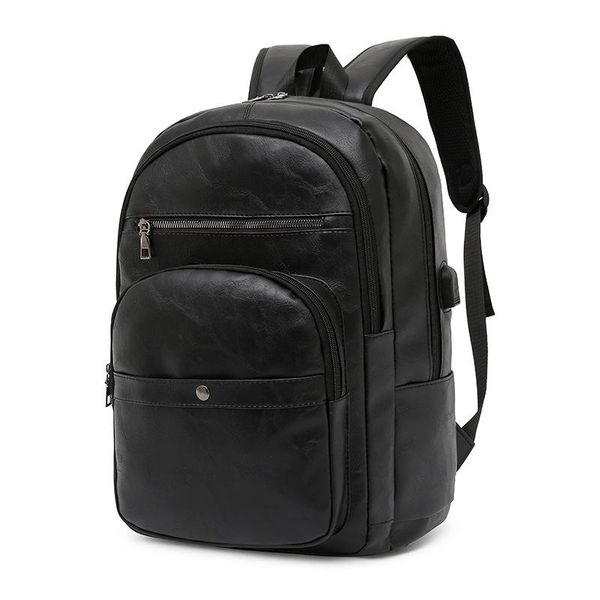 

backpack retro pu leather men usb waterproof back pack male large capacity