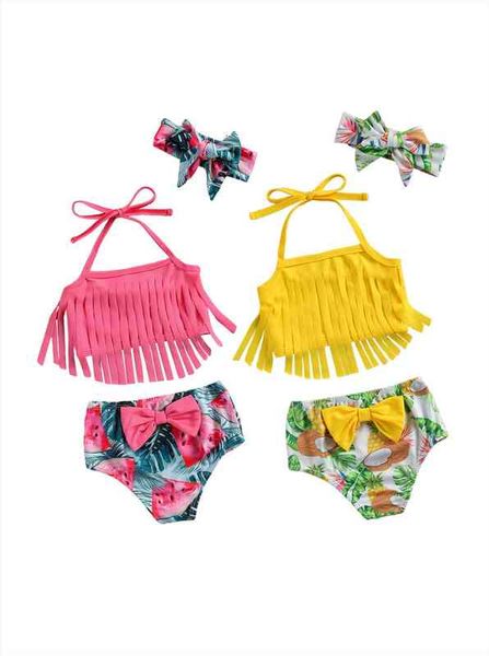 

summer kid girls three-piece swimsuit tassel neck bow headband fruit print shorts clothing swimwear set, White