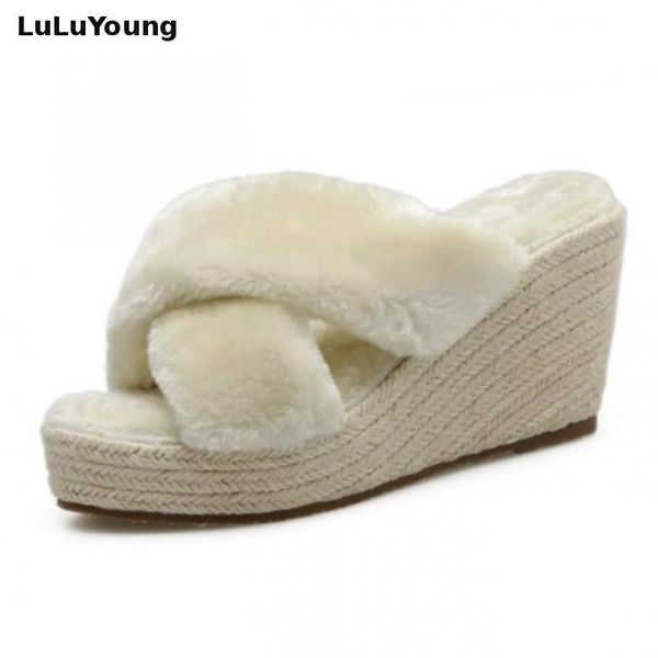 

dress shoes wedges sandals women's winter fur slippers platform high heels, Black