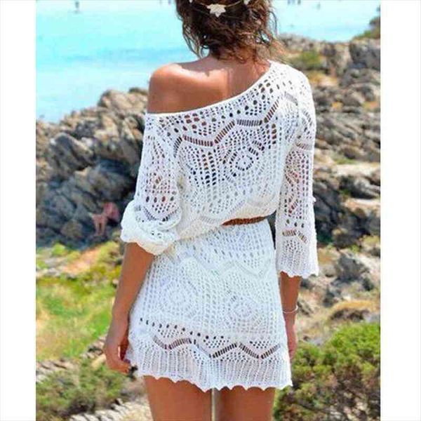

women lace crochet bikini beach boho dress hollow out loose dresses three quarter sleeve beachwear mini dress, White;black