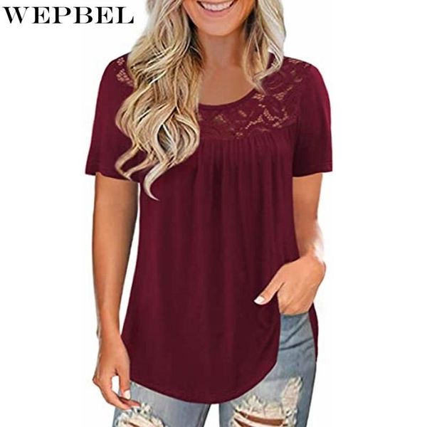 

women's t-shirt wepbel casual pleated summer fashion loose solid color short sleeve o-neck lace stitching, White