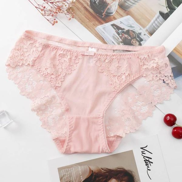 

women's panties lace ladies mid waist solid color lingerie seamless cotton fancy bow breathable  briefs underwear, Black;pink