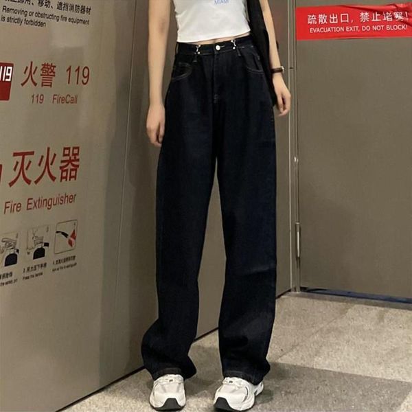 

women's jeans black adjustable high waist original 90s jean brand design wide leg mopping trousers mom boyfriend straight pants, Blue