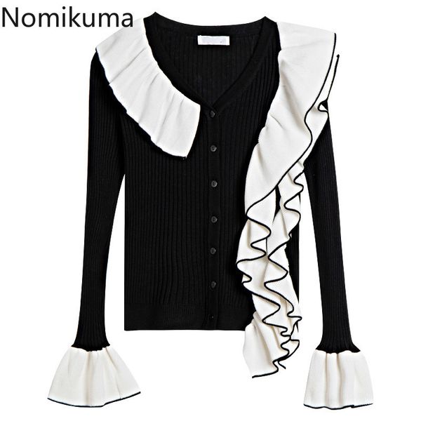 

nomikuma ruffle patchwork contrast color cardigan women v neck long sleeve short knitted sweater female korean all-match 210514, White;black