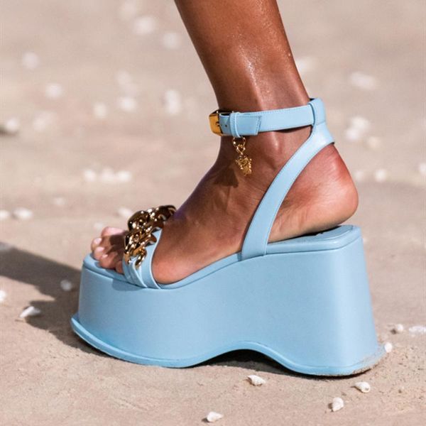 

sandals runway fashion gold chains high wedge sandal ladies thick sole platform black red blue purple ankle strap buckle casual shoes