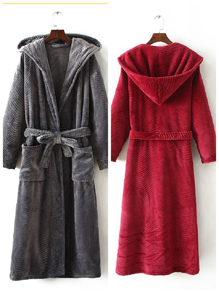 Flannel Homens Robe Nightgown Grosso Quente Casal de Veludo Vestes Bathrobe Com Capuz para Inverno Sleepwear Superized Grande Roupa Casa 210524