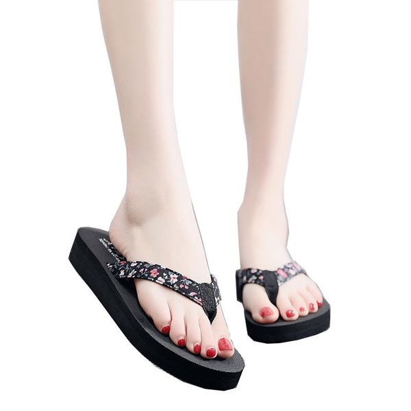 

women shoes flip flops casual floral slippers ladies slip on flat female fashion non slides beach sandals flip-flops, Black